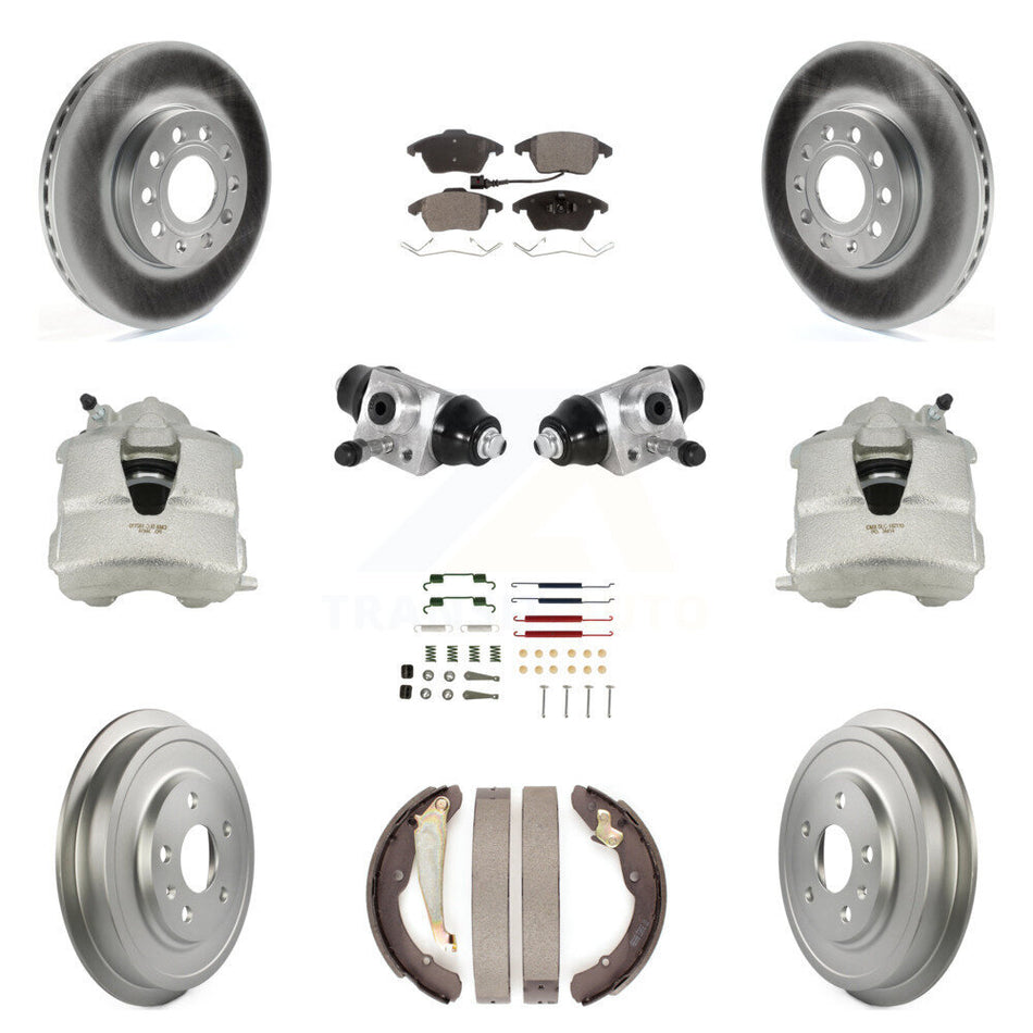 Front Rear Disc Brake Caliper Coated Rotors Drums Semi-Metallic Pads Shoes Wheel Cylinders And Hardware Kit (11Pc) For Volkswagen Jetta With 288mm Diameter Rotor KCG-100345P