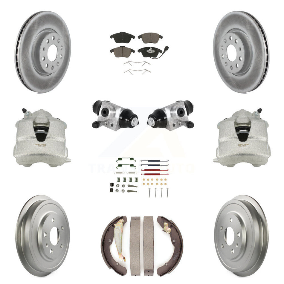Front Rear Disc Brake Caliper Coated Rotors Drums Ceramic Pads Shoes Wheel Cylinders And Hardware Kit (11Pc) For Volkswagen Jetta With 312mm Diameter Rotor KCG-100347C