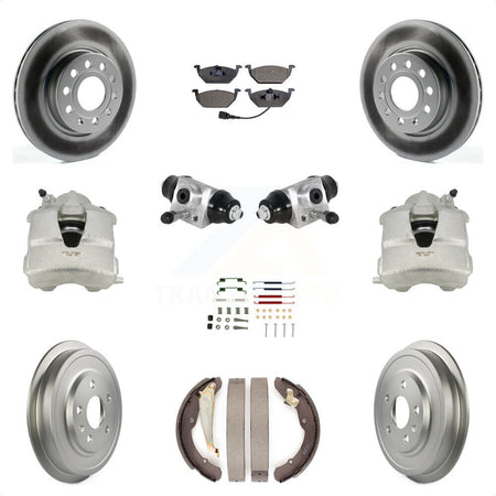 Front Rear Disc Brake Caliper Coated Rotors Drums Semi-Metallic Pads Shoes Wheel Cylinders And Hardware Kit (11Pc) For Volkswagen Jetta With 280mm Diameter Rotor KCG-100347P by Transit Auto