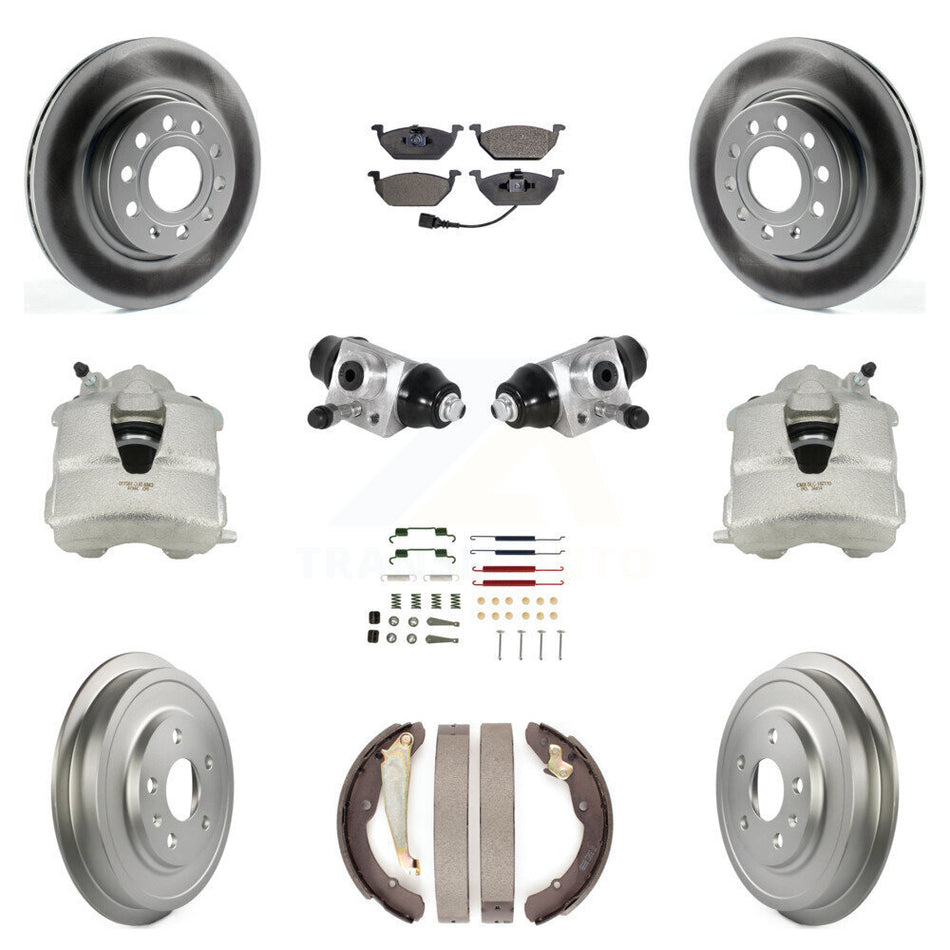 Front Rear Disc Brake Caliper Coated Rotors Drums Semi-Metallic Pads Shoes Wheel Cylinders And Hardware Kit (11Pc) For Volkswagen Jetta With 280mm Diameter Rotor KCG-100347P