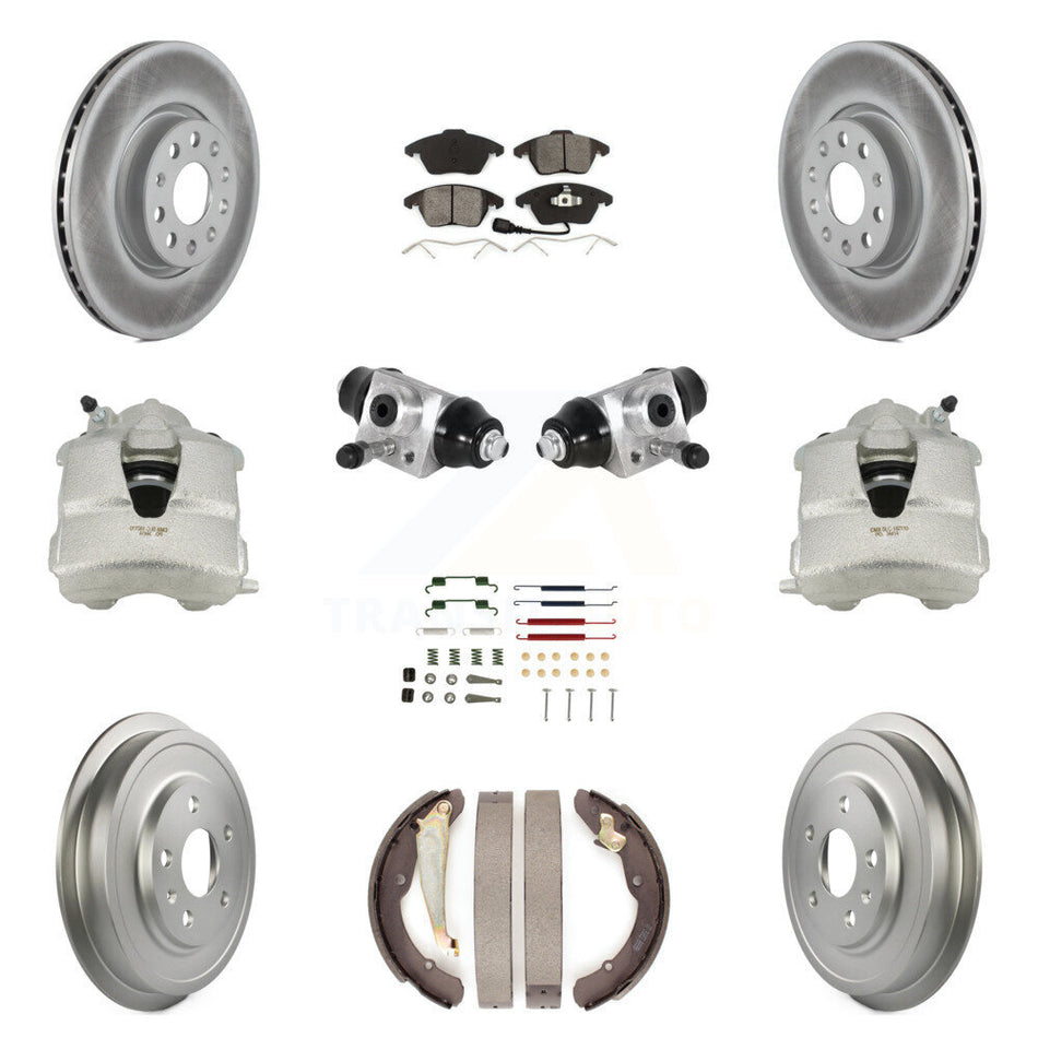 Front Rear Disc Brake Caliper Coated Rotors Drums Semi-Metallic Pads Shoes Wheel Cylinders And Hardware Kit (11Pc) For Volkswagen Jetta With 312mm Diameter Rotor KCG-100350S