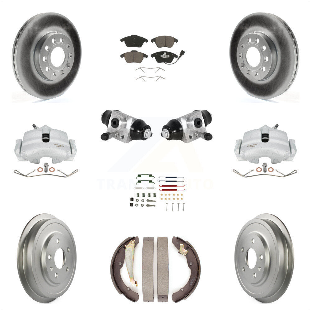 Front Rear Brake Caliper Coated Rotor Drum Ceramic Pad Shoes Cylinder Hardware Kit (11Pc) For 11-12 Volkswagen Jetta 2.5L with rear brakes With 288mm Diameter KCG-100351C by Transit Auto