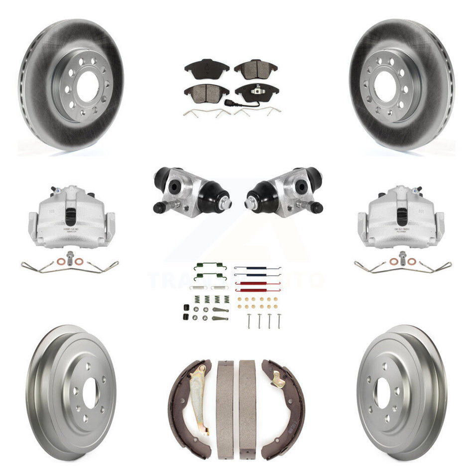 Front Rear Brake Caliper Coated Rotor Drum Semi-Metallic Pad Shoes Cylinder Hardware Kit (11Pc) For Volkswagen Jetta 2.5L with rear brakes With 288mm Diameter KCG-100351S