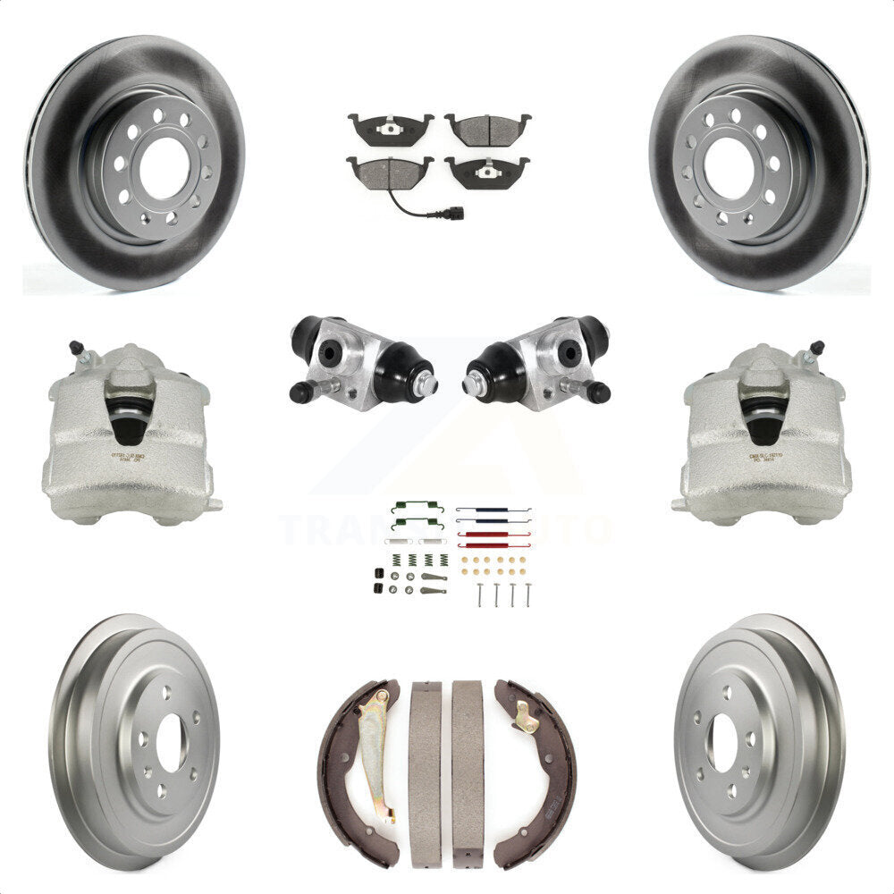 Front Rear Disc Brake Caliper Coated Rotors Drums Semi-Metallic Pads Shoes Wheel Cylinders And Hardware Kit (11Pc) For Volkswagen Jetta With 280mm Diameter Rotor KCG-100354S by Transit Auto