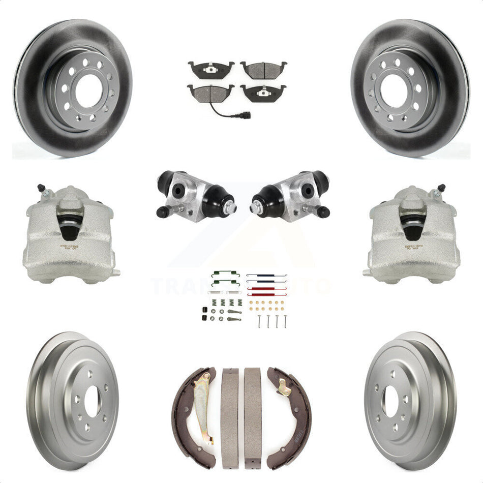 Front Rear Disc Brake Caliper Coated Rotors Drums Semi-Metallic Pads Shoes Wheel Cylinders And Hardware Kit (11Pc) For Volkswagen Jetta With 280mm Diameter Rotor KCG-100354S by Transit Auto