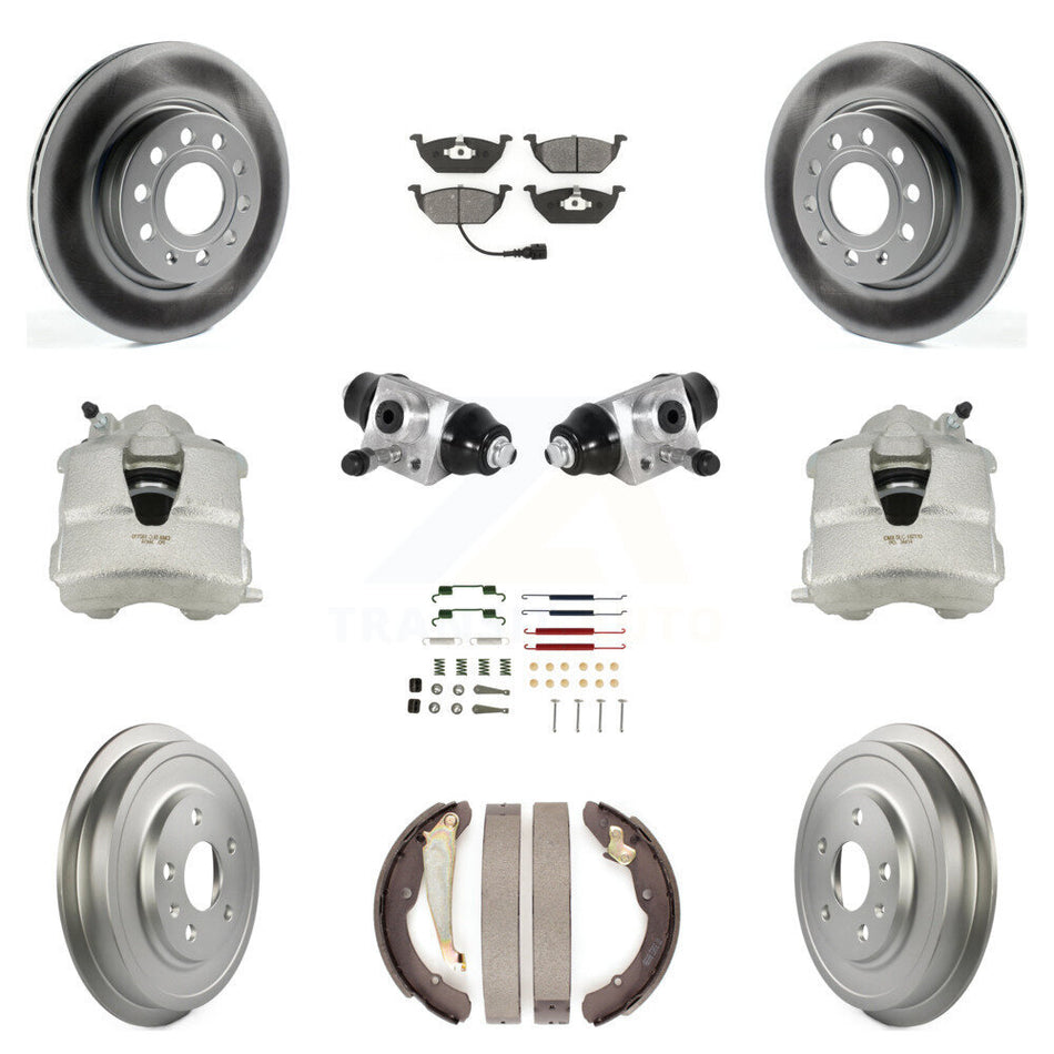 Front Rear Disc Brake Caliper Coated Rotors Drums Semi-Metallic Pads Shoes Wheel Cylinders And Hardware Kit (11Pc) For Volkswagen Jetta With 280mm Diameter Rotor KCG-100354S