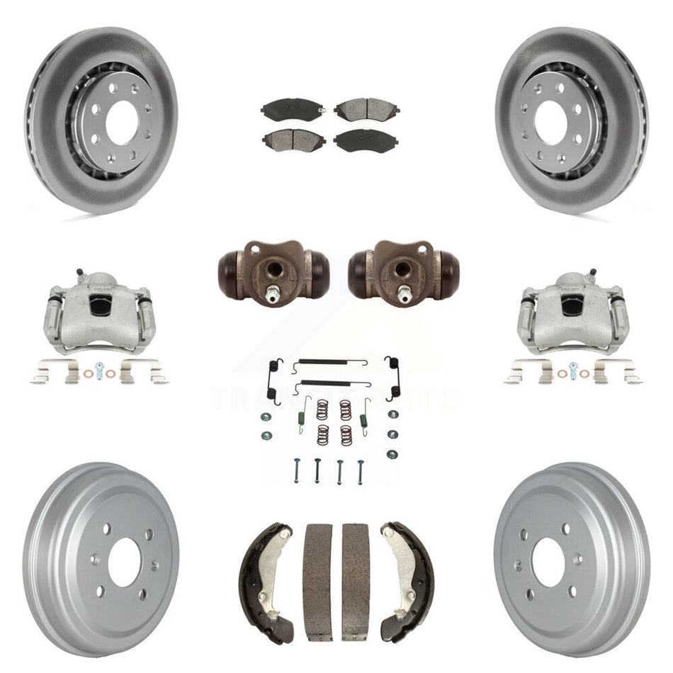 Front Rear Disc Brake Caliper Coated Rotor Drum Semi-Metallic Pad Shoes Wheel Cylinder & Hardware Kit (11Pc) For Chevrolet Aveo Spark Aveo5 Pontiac G3 Suzuki Wave Wave5 Swift+ KCG-100356S