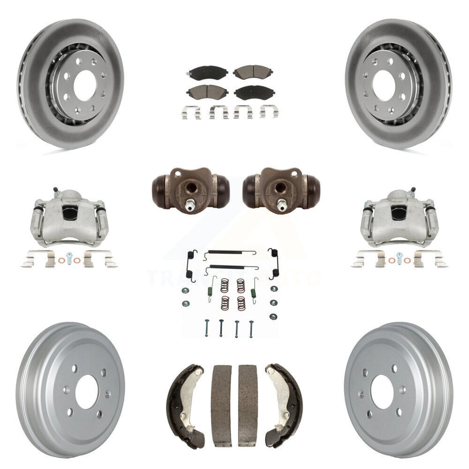 Front Rear Disc Brake Caliper Coated Rotors Drums Ceramic Pads Shoes Wheel Cylinders And Hardware Kit (11Pc) For Chevrolet Aveo Spark Aveo5 Pontiac G3 Suzuki Wave Wave5 Swift+ KCG-100361C