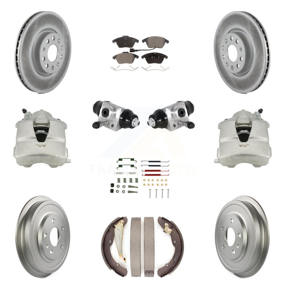 Front Rear Disc Brake Caliper Coated Rotors Drums Ceramic Pads Shoes Wheel Cylinders And Hardware Kit (11Pc) For Volkswagen Jetta With 312mm Diameter Rotor KCG-100361T