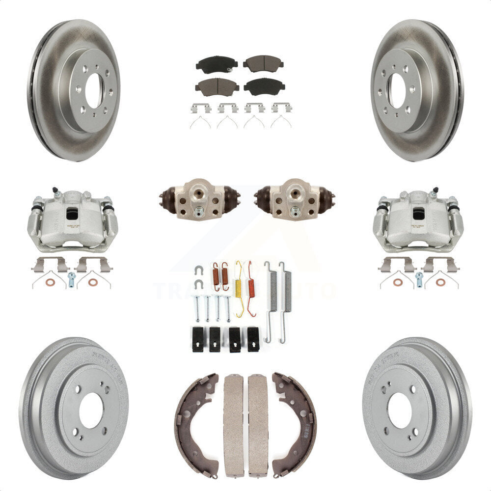 Front Rear Disc Brake Caliper Coated Rotors Drums Ceramic Pads Shoes Wheel Cylinders And Hardware Kit (11Pc) For Honda Fit KCG-100364C by Transit Auto