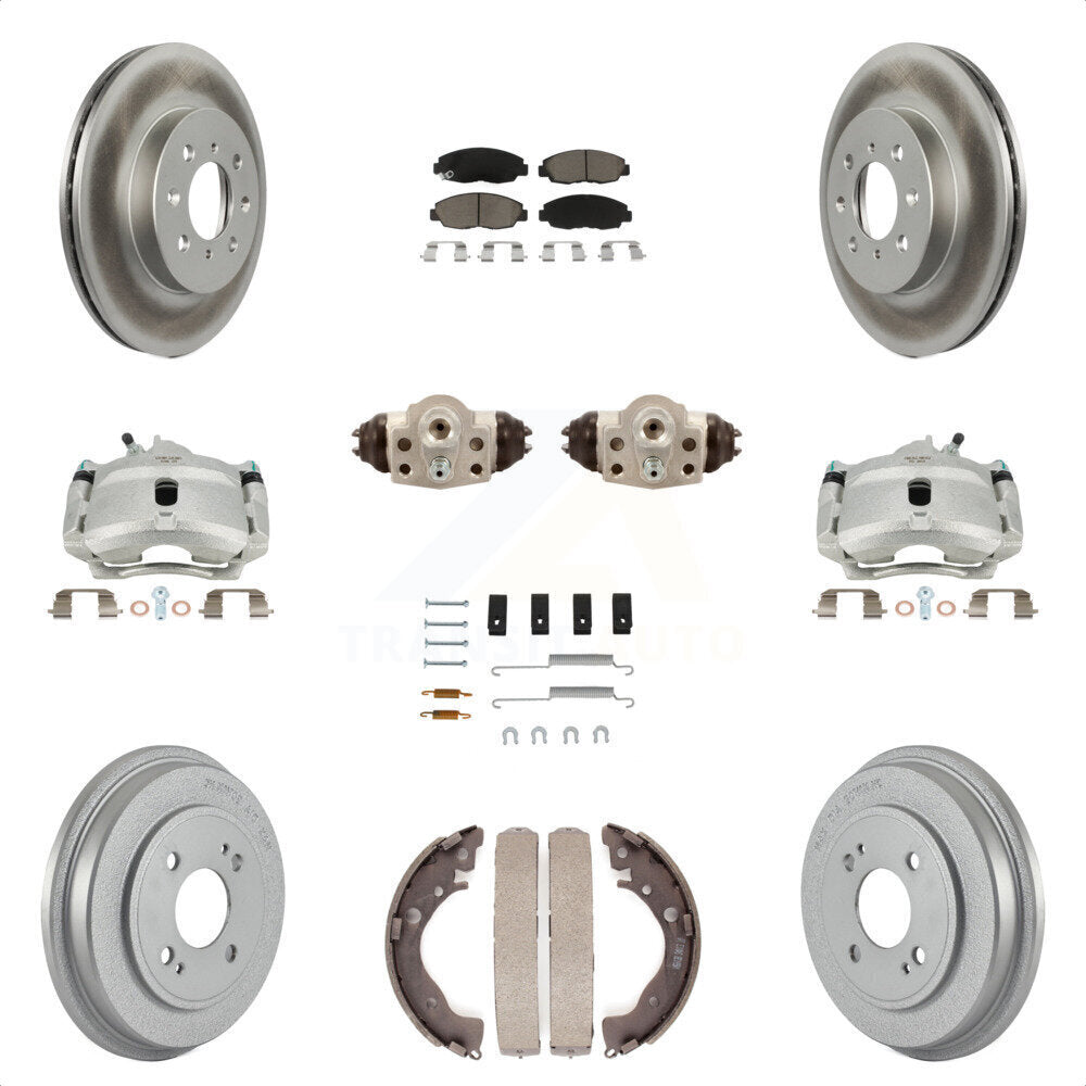 Front Rear Disc Brake Caliper Coated Rotors Drums Ceramic Pads Shoes Wheel Cylinders And Hardware Kit (11Pc) For Honda Insight KCG-100366C by Transit Auto