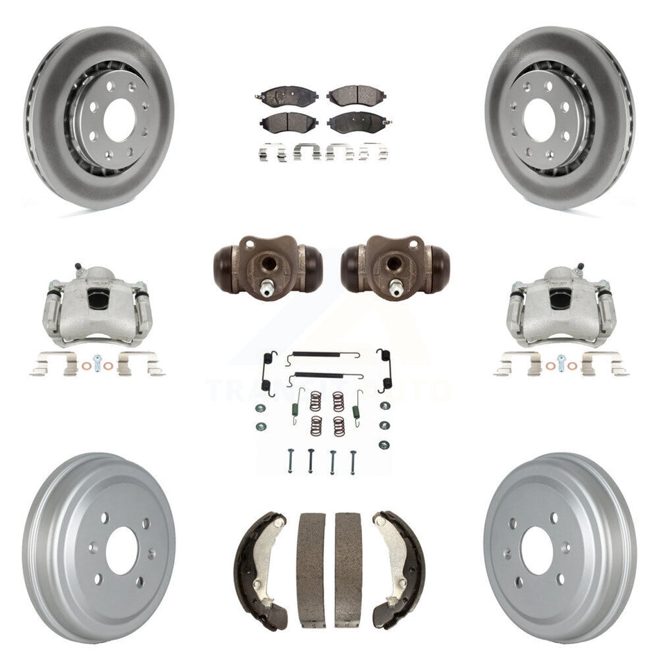 Front Rear Disc Brake Caliper Coated Rotors Drums Ceramic Pads Shoes Wheel Cylinders And Hardware Kit (11Pc) For Chevrolet Aveo Spark Aveo5 Pontiac G3 Suzuki Wave Wave5 Swift+ KCG-100367T