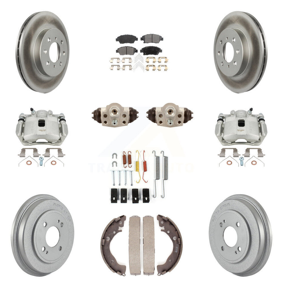 Front Rear Disc Brake Caliper Coated Rotors Drums Semi-Metallic Pads Shoes Wheel Cylinders And Hardware Kit (11Pc) For Honda Fit KCG-100372P