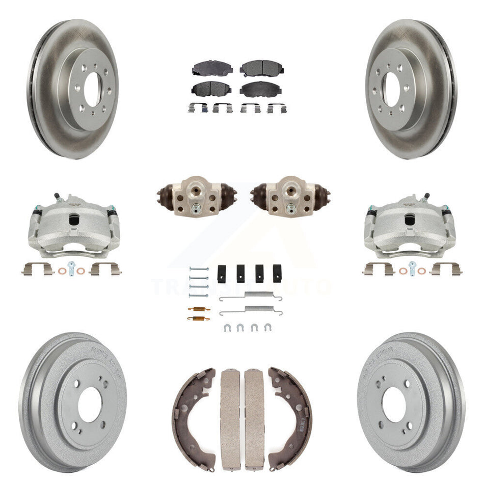 Front Rear Disc Brake Caliper Coated Rotors Drums Semi-Metallic Pads Shoes Wheel Cylinders And Hardware Kit (11Pc) For Honda Insight KCG-100373P