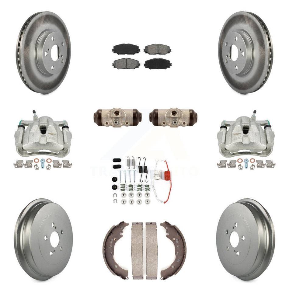 Front Rear Disc Brake Caliper Coated Rotors Drums Semi-Metallic Pads Shoes Wheel Cylinders And Hardware Kit (11Pc) For 2009-2013 Toyota Corolla KCG-100373S