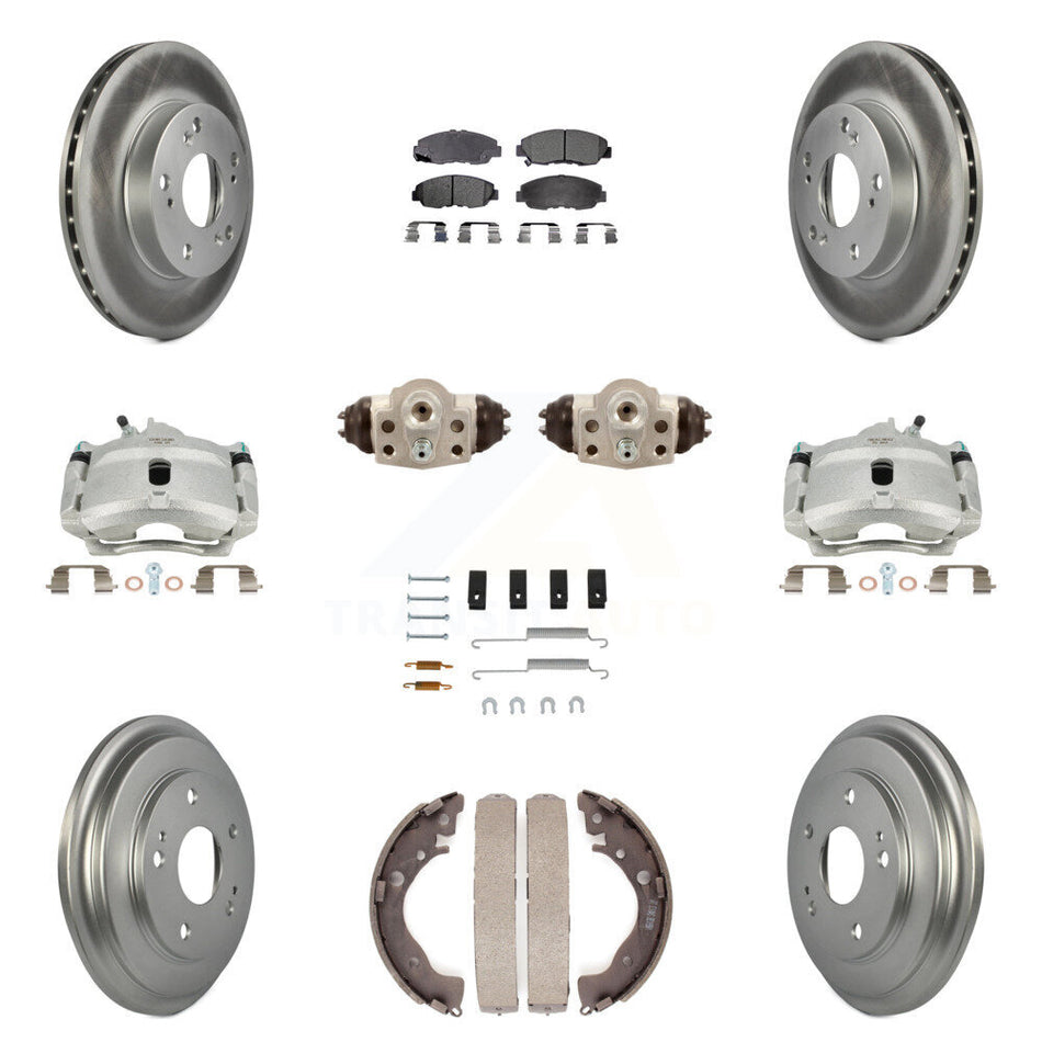 Front Rear Disc Brake Caliper Coated Rotors Drums Semi-Metallic Pads Shoes Wheel Cylinders And Hardware Kit (11Pc) For Honda Civic KCG-100374P