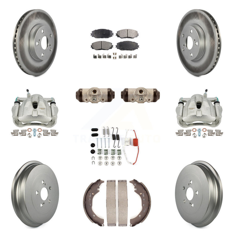 Front Rear Disc Brake Caliper Coated Rotors Drums Semi-Metallic Pads Shoes Wheel Cylinders And Hardware Kit (11Pc) For 2009-2013 Toyota Corolla KCG-100380P
