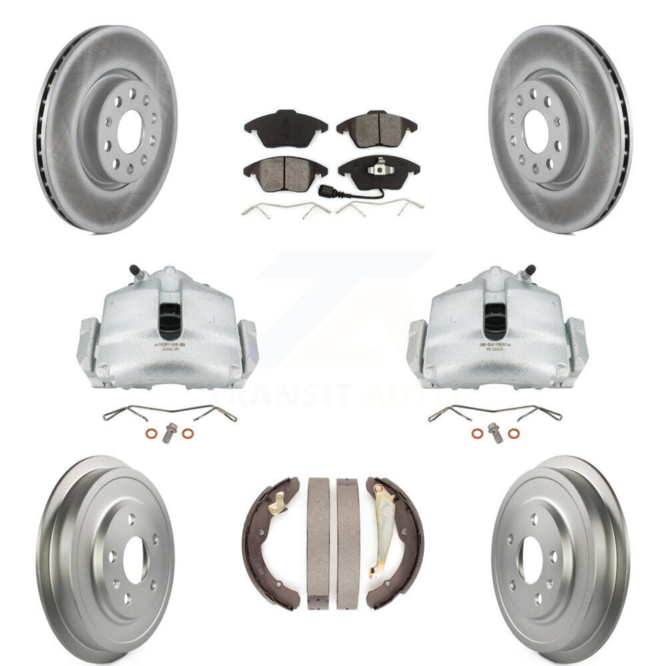 Front Rear Disc Brake Caliper Coated Rotors Drums Semi-Metallic Pads Kit (8Pc) For Volkswagen Jetta Beetle With 312mm Diameter Rotor KCG-100380S