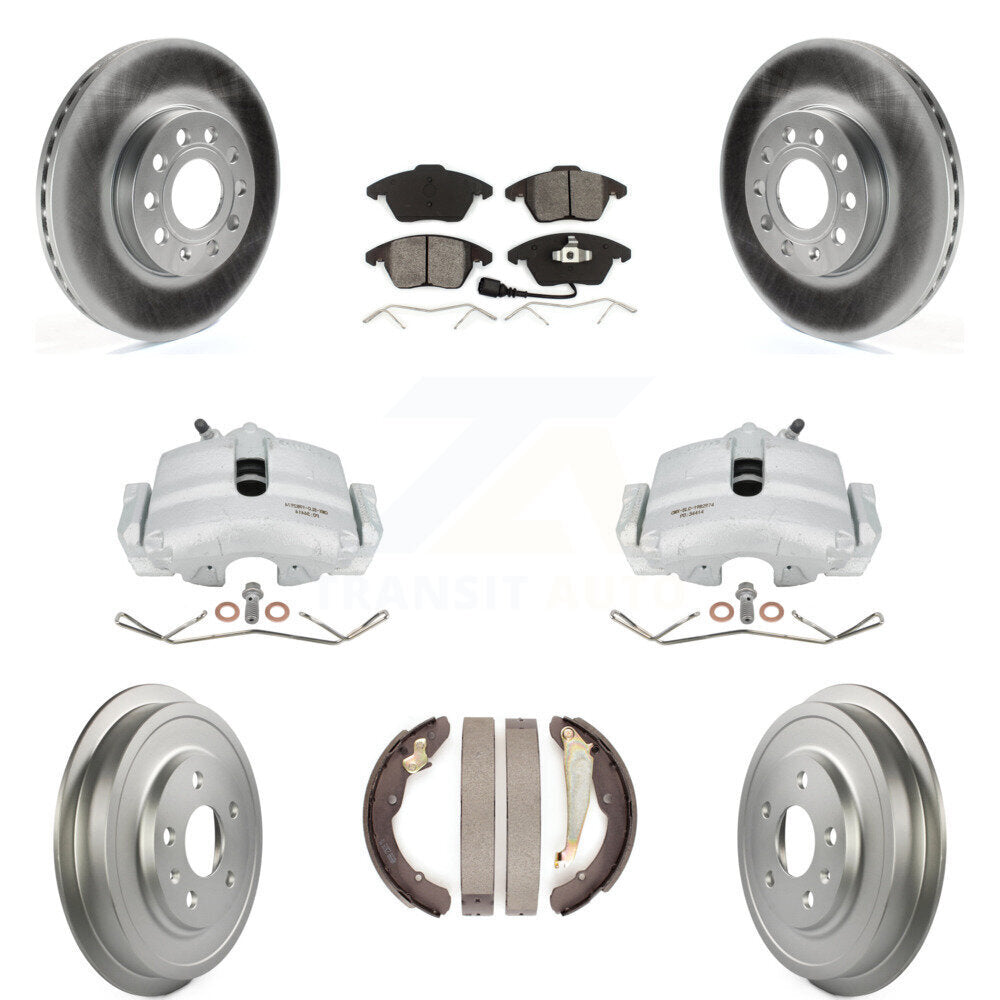 Front Rear Disc Brake Caliper Coated Rotors Drums Semi-Metallic Pads Kit (8Pc) For Volkswagen Jetta Beetle With 288mm Diameter Rotor KCG-100381S by Transit Auto