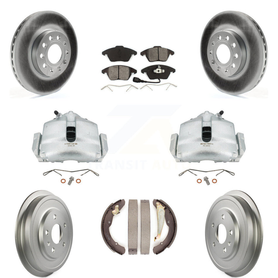 Front Rear Disc Brake Caliper Coated Rotors Drums Semi-Metallic Pads Kit (8Pc) For Volkswagen Jetta With 288mm Diameter Rotor KCG-100382S