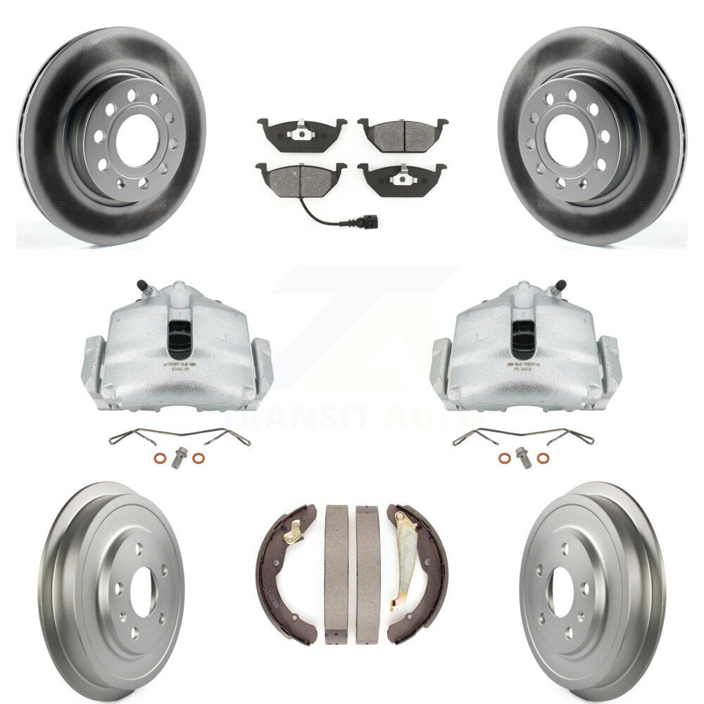 Front Rear Disc Brake Caliper Coated Rotors Drums Semi-Metallic Pads Kit (8Pc) For Volkswagen Jetta With 280mm Diameter Rotor KCG-100383S by Transit Auto