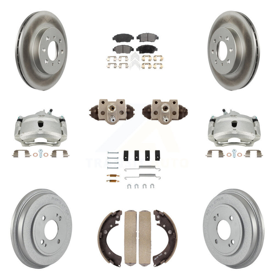 Front Rear Disc Brake Caliper Coated Rotors Drums Semi-Metallic Pads Shoes Wheel Cylinders And Hardware Kit (11Pc) For Honda Civic With 4 Lug Wheels KCG-100386P