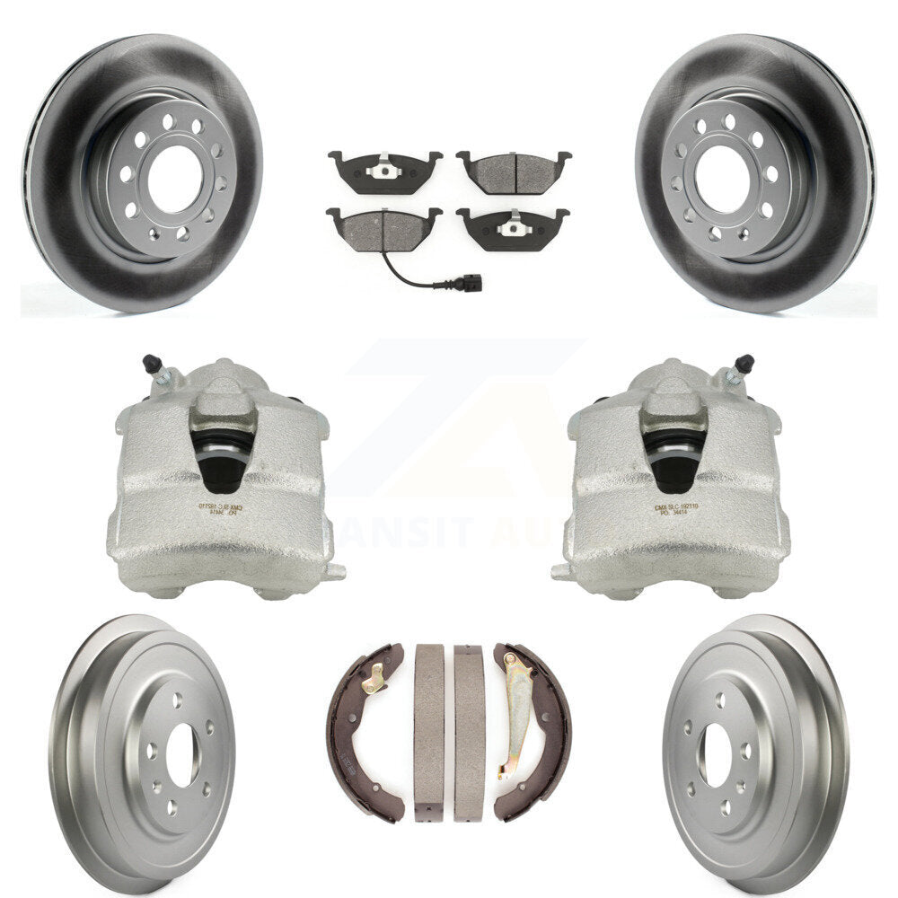 Front Rear Disc Brake Caliper Coated Rotors Drums Semi-Metallic Pads Kit (8Pc) For Volkswagen Jetta With 280mm Diameter Rotor KCG-100386S by Transit Auto