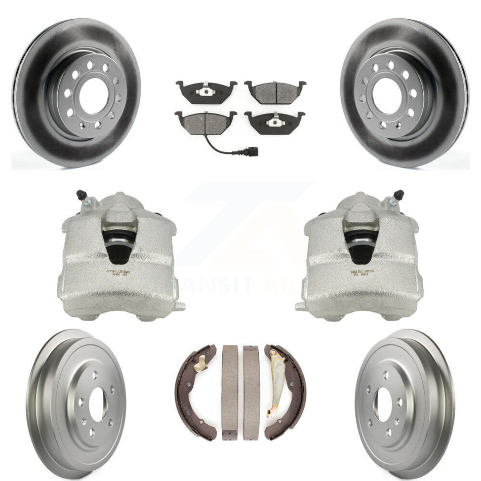 Front Rear Disc Brake Caliper Coated Rotors Drums Semi-Metallic Pads Kit (8Pc) For Volkswagen Jetta With 280mm Diameter Rotor KCG-100386S