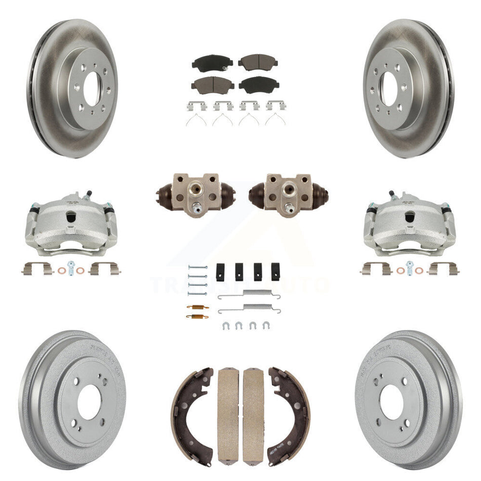 Front Rear Disc Brake Caliper Coated Rotors Drums Ceramic Pads Shoes Wheel Cylinders And Hardware Kit (11Pc) For Honda Civic With 4 Lug Wheels KCG-100387C