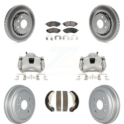 Front Rear Disc Brake Caliper Coated Rotors Drums Semi-Metallic Pads Kit (8Pc) For Chevrolet Aveo Spark Aveo5 Pontiac G3 Suzuki Wave Wave5 Swift+ KCG-100388P