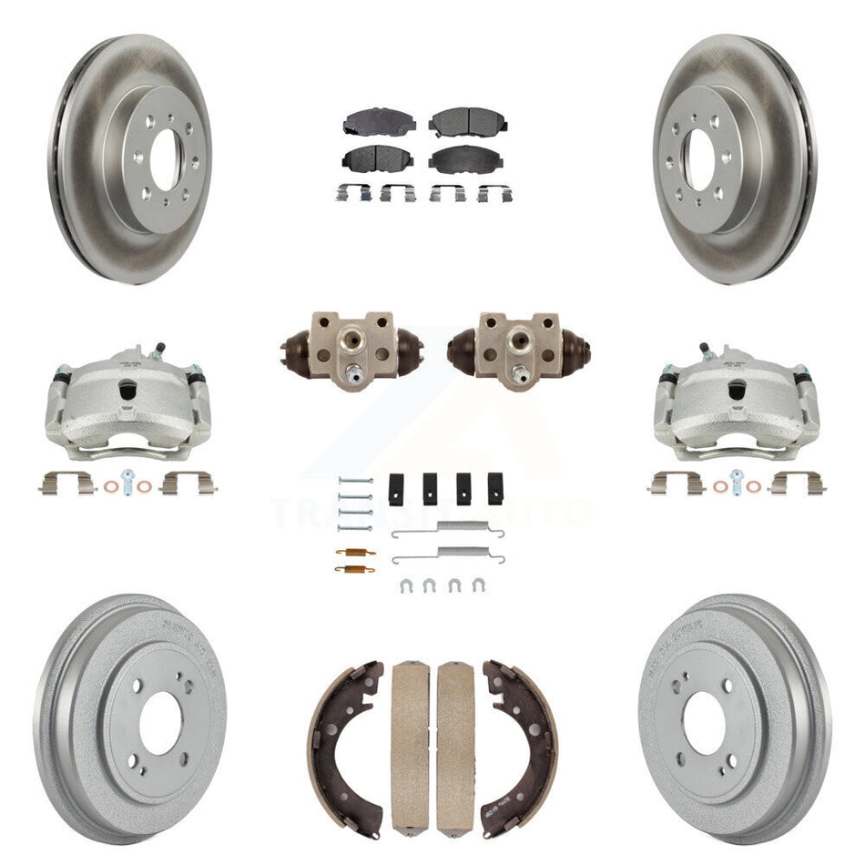 Front Rear Disc Brake Caliper Coated Rotors Drums Ceramic Pads Shoes Wheel Cylinders And Hardware Kit (11Pc) For Honda Civic KCG-100388T