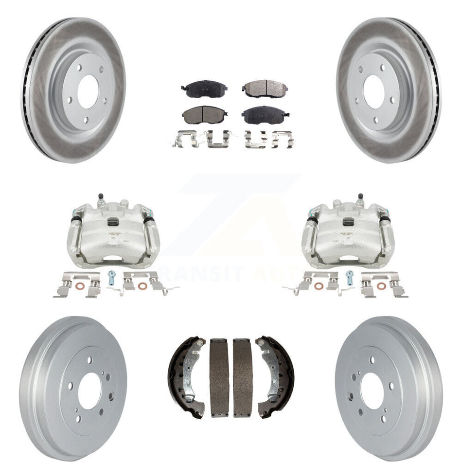 Front Rear Disc Brake Caliper Coated Rotors Drums Semi-Metallic Pads Kit (8Pc) For 2017-2019 Nissan Sentra Turbocharged KCG-100391P