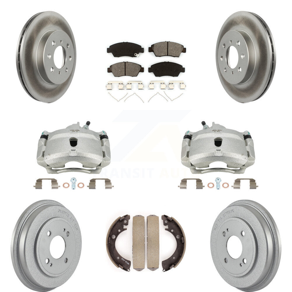 Front Rear Disc Brake Caliper Coated Rotors Drums Semi-Metallic Pads Kit (8Pc) For Honda Civic With 4 Lug Wheels KCG-100392S by Transit Auto