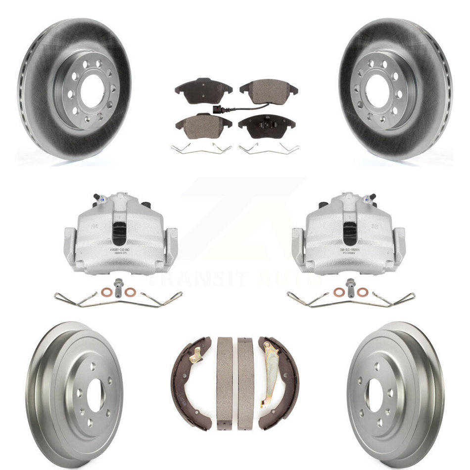 Front Rear Disc Brake Caliper Coated Rotors Drums Ceramic Pads Kit (8Pc) For Volkswagen Jetta Beetle With 288mm Diameter Rotor KCG-100392T