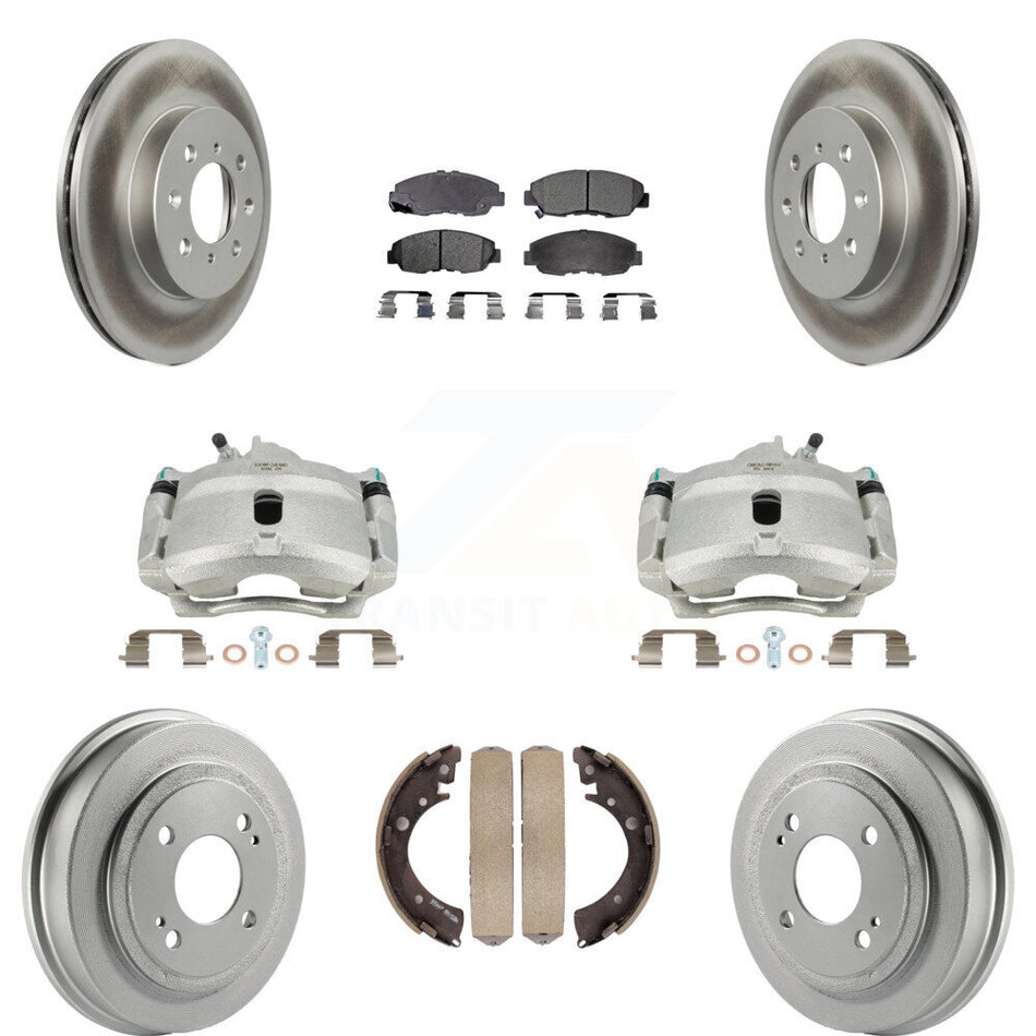 Front Rear Disc Brake Caliper Coated Rotors Drums Semi-Metallic Pads Kit (8Pc) For Honda Civic Acura EL KCG-100393P