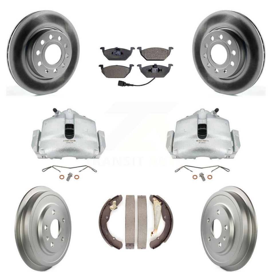 Front Rear Disc Brake Caliper Coated Rotors Drums Ceramic Pads Kit (8Pc) For Volkswagen Jetta With 280mm Diameter Rotor KCG-100394T