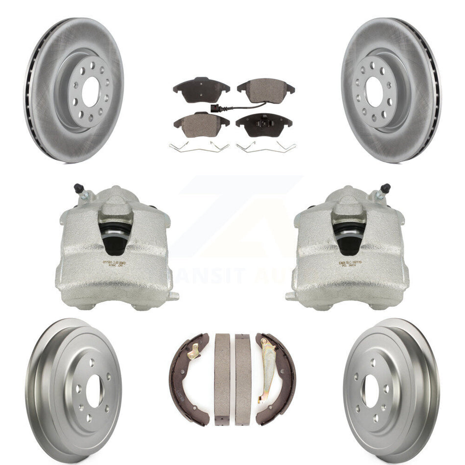 Front Rear Disc Brake Caliper Coated Rotors Drums Ceramic Pads Kit (8Pc) For Volkswagen Jetta With 312mm Diameter Rotor KCG-100395T