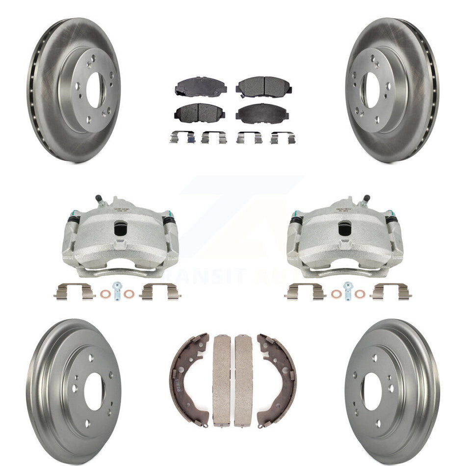 Front Rear Disc Brake Caliper Coated Rotors Drums Semi-Metallic Pads Kit (8Pc) For Honda Civic KCG-100398P