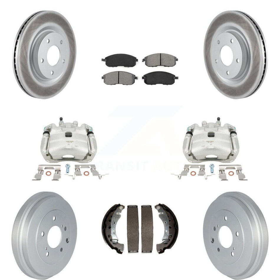 Front Rear Disc Brake Caliper Coated Rotors Drums Semi-Metallic Pads Kit (8Pc) For 2017-2019 Nissan Sentra Turbocharged KCG-100400S