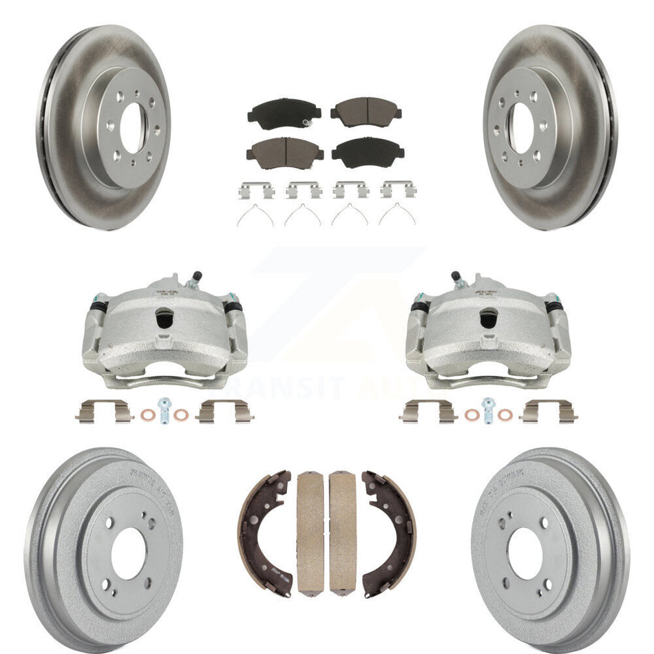 Front Rear Disc Brake Caliper Coated Rotors Drums Ceramic Pads Kit (8Pc) For Honda Civic With 4 Lug Wheels KCG-100401C