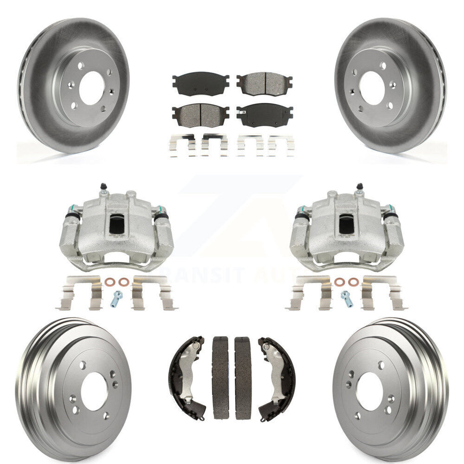 Front Rear Disc Brake Caliper Coated Rotors Drums Semi-Metallic Pads Kit (8Pc) For Hyundai Accent Kia Rio Rio5 KCG-100402S