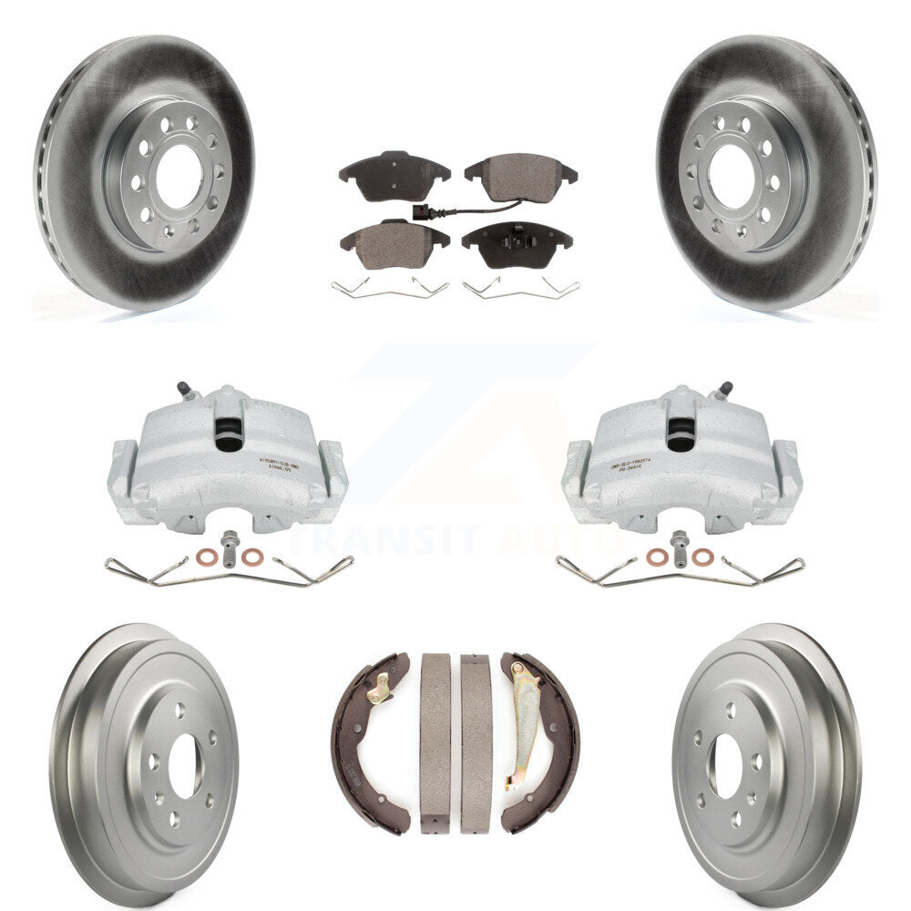 Front Rear Disc Brake Caliper Coated Rotors Drums Semi-Metallic Pads Kit (8Pc) For Volkswagen Jetta Beetle With 288mm Diameter Rotor KCG-100404P by Transit Auto