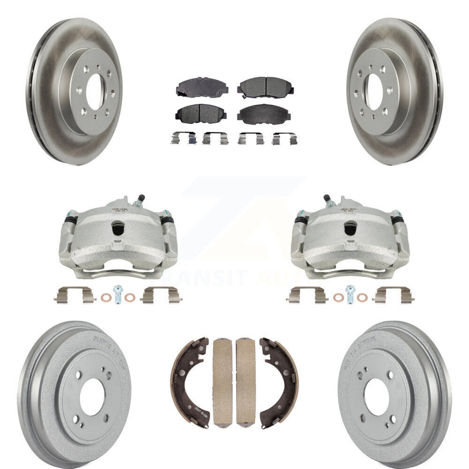 Front Rear Disc Brake Caliper Coated Rotors Drums Ceramic Pads Kit (8Pc) For Honda Civic KCG-100405T