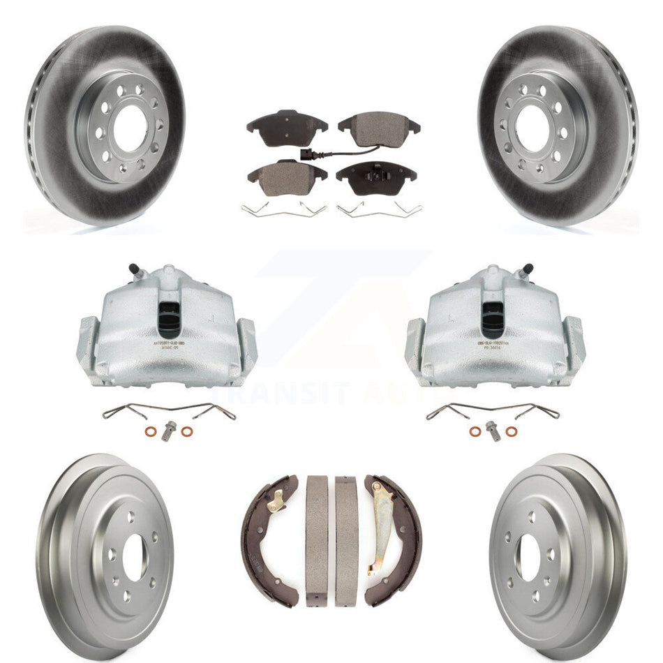 Front Rear Disc Brake Caliper Coated Rotors Drums Semi-Metallic Pads Kit (8Pc) For Volkswagen Jetta With 288mm Diameter Rotor KCG-100407P