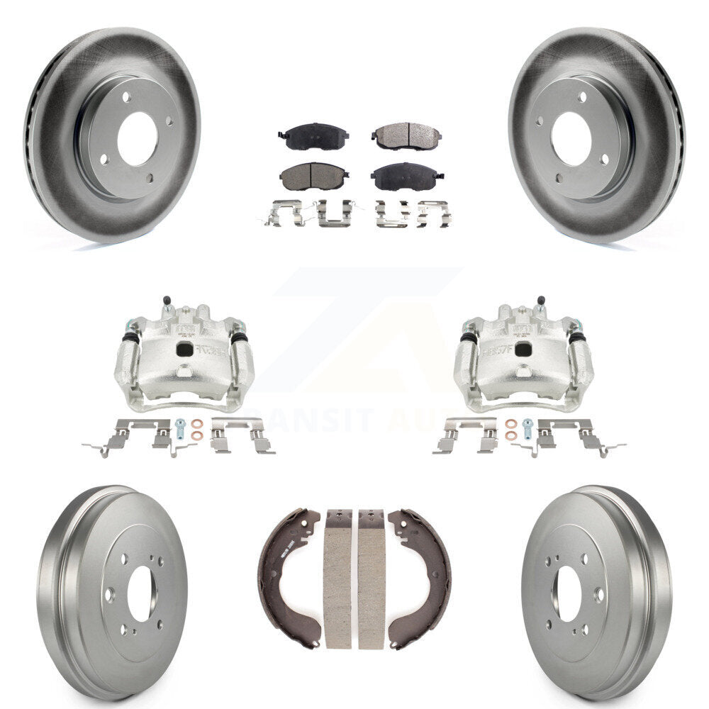 Front Rear Brake Caliper Coated Rotors Drum Ceramic Pads Kit (8Pc) For Nissan Versa Cube KCG-100407T