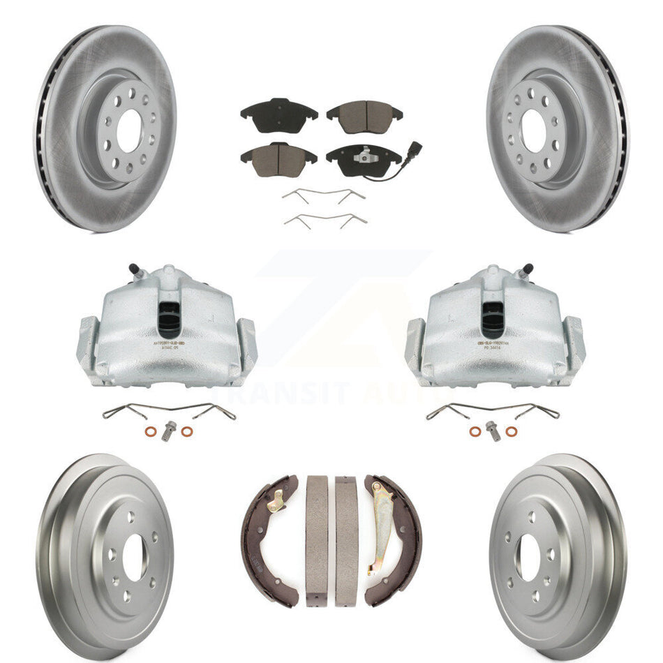 Front Rear Disc Brake Caliper Coated Rotors Drums Ceramic Pads Kit (8Pc) For Volkswagen Jetta Beetle With 312mm Diameter Rotor KCG-100408C