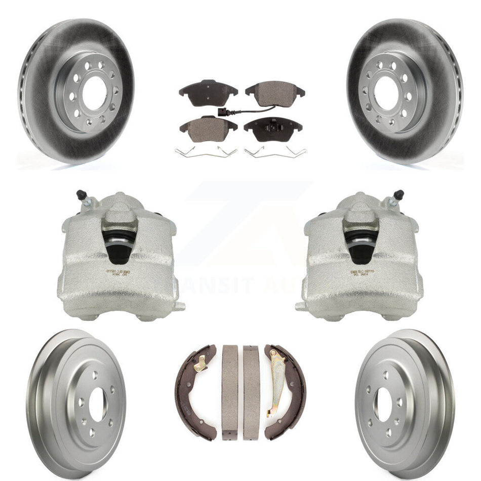 Front Rear Disc Brake Caliper Coated Rotors Drums Semi-Metallic Pads Kit (8Pc) For Volkswagen Jetta With 288mm Diameter Rotor KCG-100408P