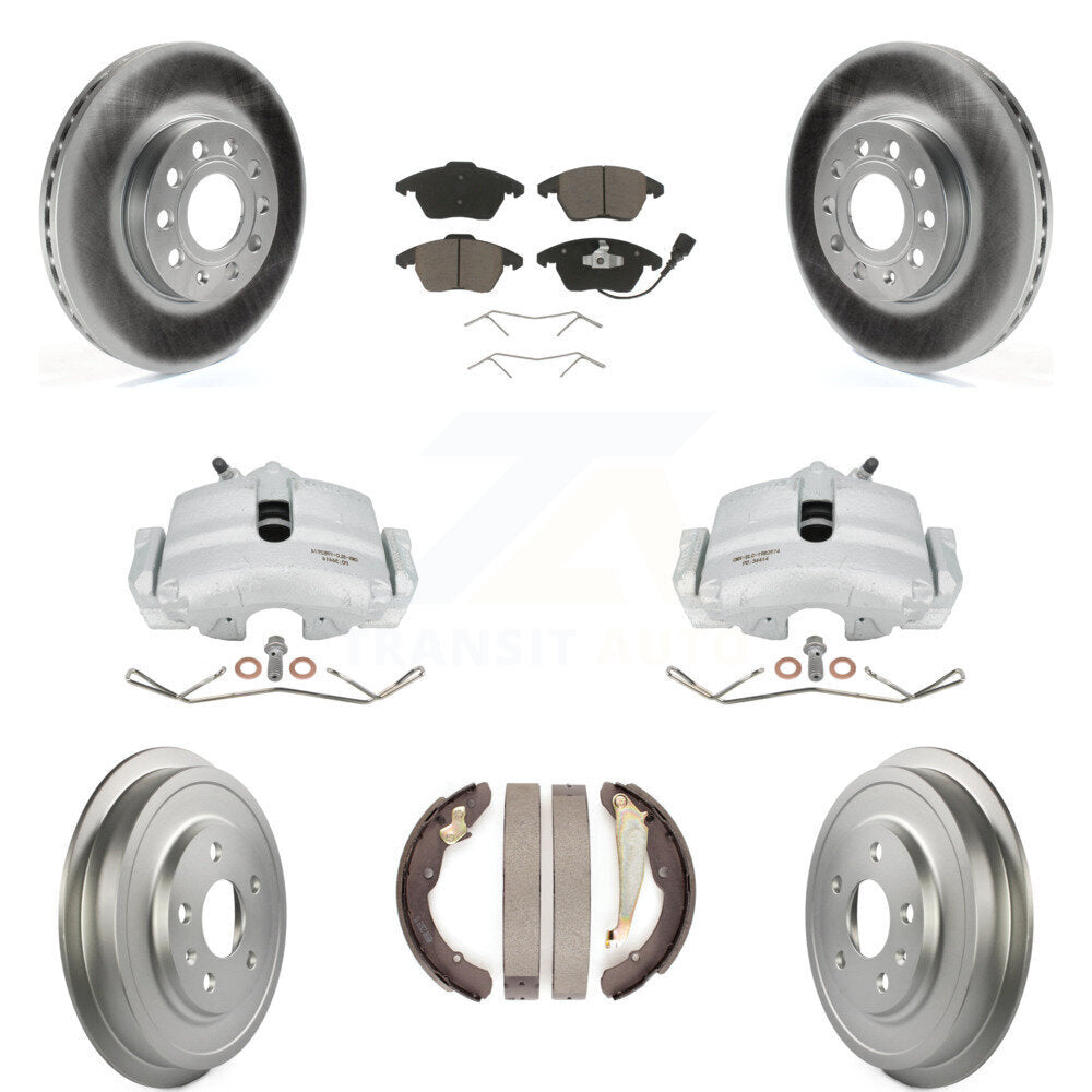 Front Rear Disc Brake Caliper Coated Rotors Drums Ceramic Pads Kit (8Pc) For Volkswagen Jetta Beetle With 288mm Diameter Rotor KCG-100409C by Transit Auto