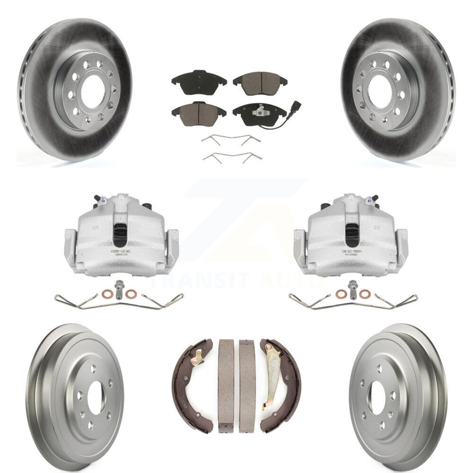 Front Rear Disc Brake Caliper Coated Rotors Drums Ceramic Pads Kit (8Pc) For Volkswagen Jetta Beetle With 288mm Diameter Rotor KCG-100409C