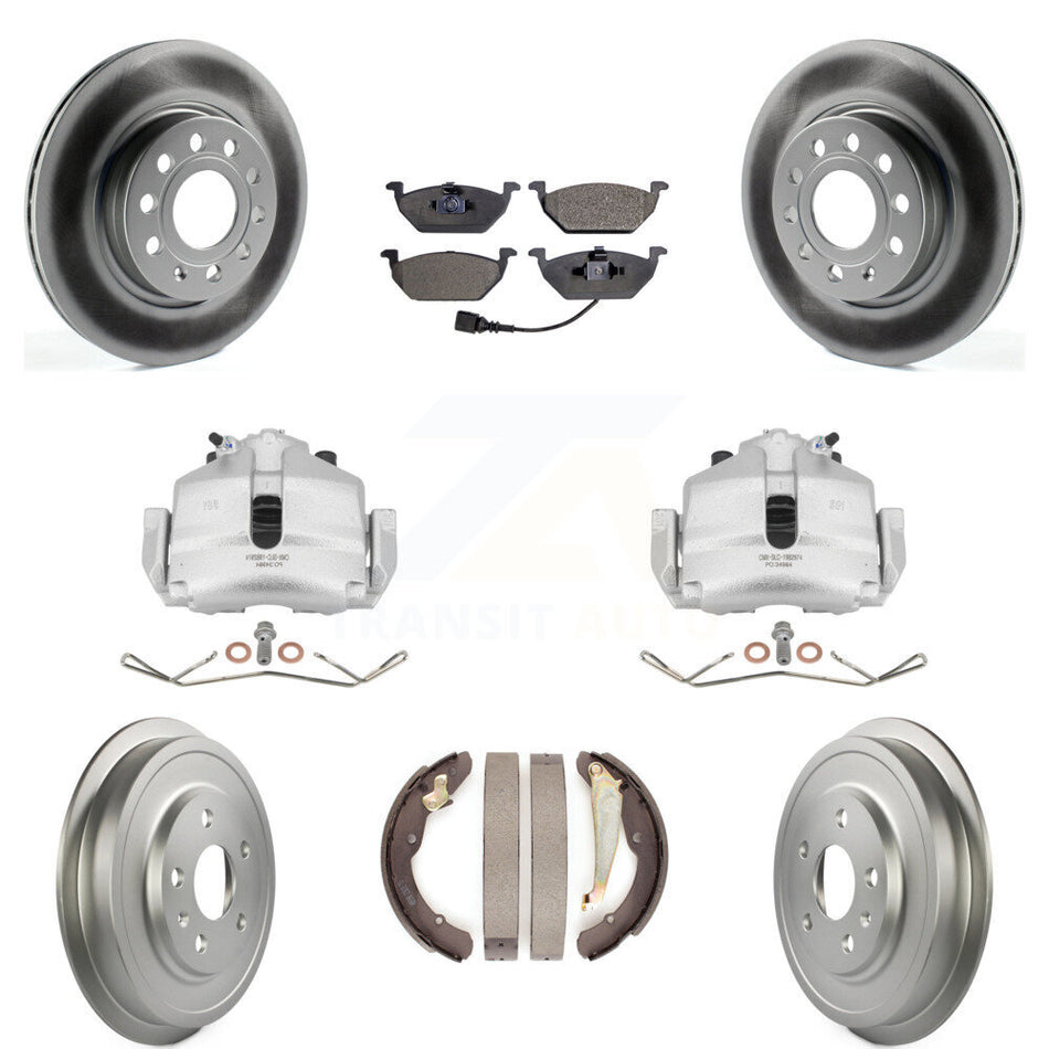 Front Rear Disc Brake Caliper Coated Rotors Drums Semi-Metallic Pads Kit (8Pc) For Volkswagen Jetta With 280mm Diameter Rotor KCG-100410P